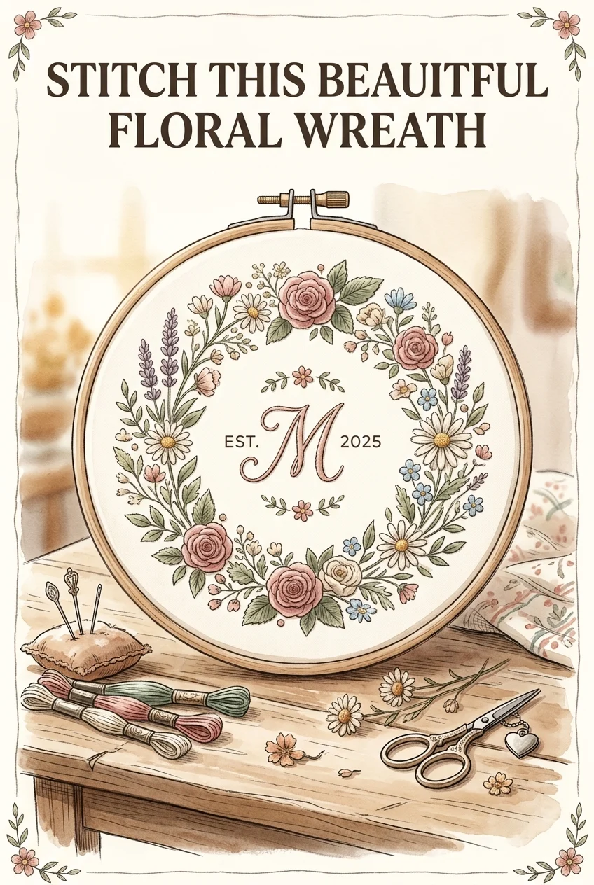 Stitch a Timeless Floral Wreath Frame: Free Embroidery PDF!